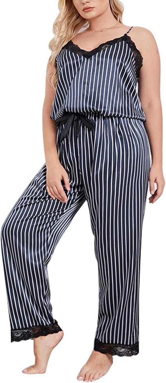 Women's 2 Piece Pajama Set Plus Size Sexy Lace Lingerie Striped Satin Sleepwear image 1