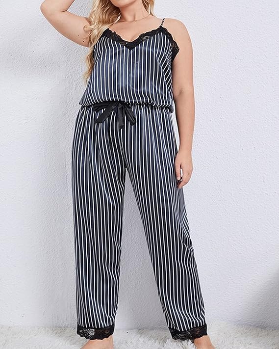 Women's 2 Piece Pajama Set Plus Size Sexy Lace Lingerie Striped Satin Sleepwear image 0