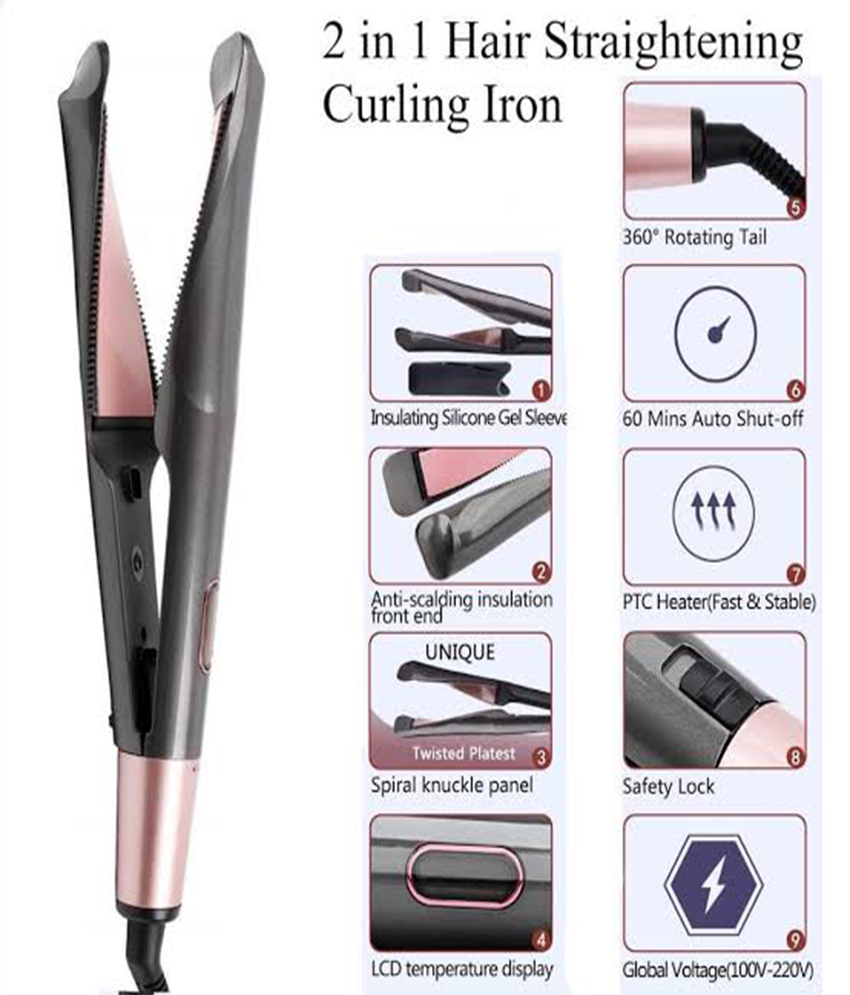 Unique Twisted Plate 2 in 1 Hair Curling and Straightening Wet and Dry Flat Iron Buid-in PTC Heater Ceramics Hair Styling Tools