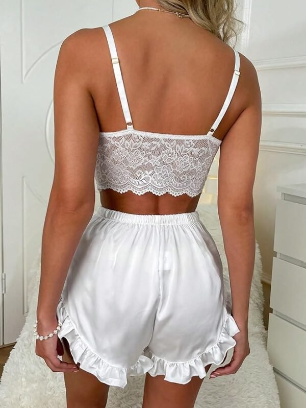 Rara Women's V-Neck Lace Mesh Sleepwear Ruffle Hem Shorts Pajama Set White