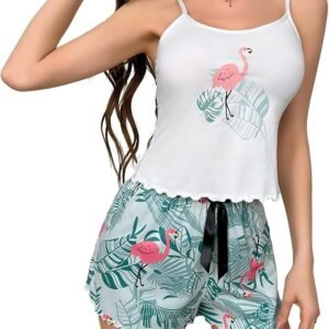 Women's Sexy Lingerie Pajamas 2 Piece Set Top Shorts Pants Cute Printed Tank Elastic Waist Tank Casual Set