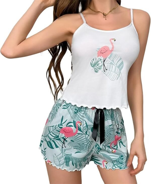 Women's Sexy Lingerie Pajamas 2 Piece Set Top Shorts Pants Cute Printed Tank Elastic Waist Tank Casual Set