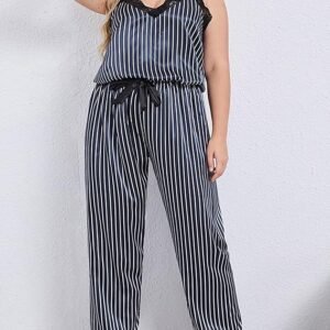 Women's 2 Piece Pajama Set Plus Size Sexy Lace Lingerie Striped Satin Sleepwear