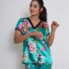 Emerald Floral Satin Pajama Set – Soft & Stylish Nightwear