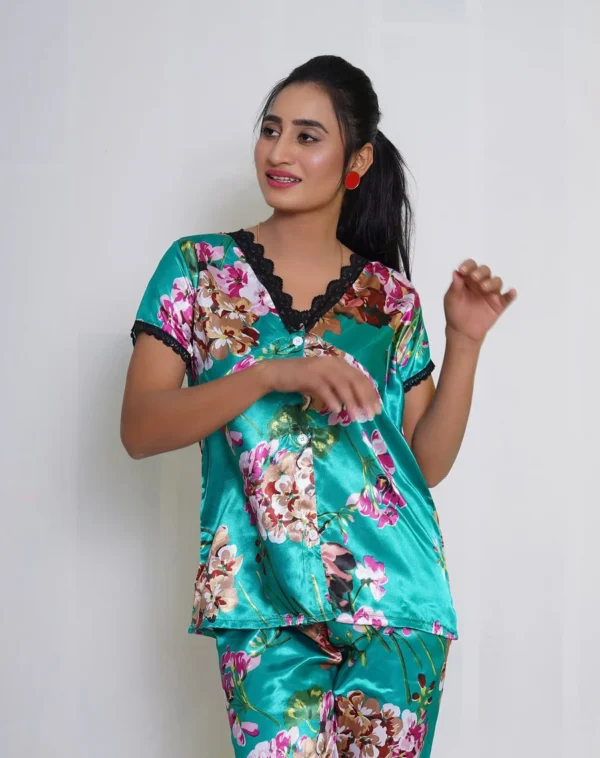 Emerald Floral Satin Pajama Set – Soft & Stylish Nightwear