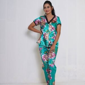 Emerald Floral Satin Pajama Set – Soft & Stylish Nightwear