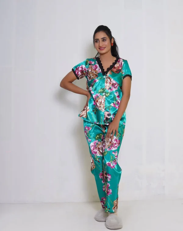 Emerald Floral Satin Pajama Set – Soft & Stylish Nightwear
