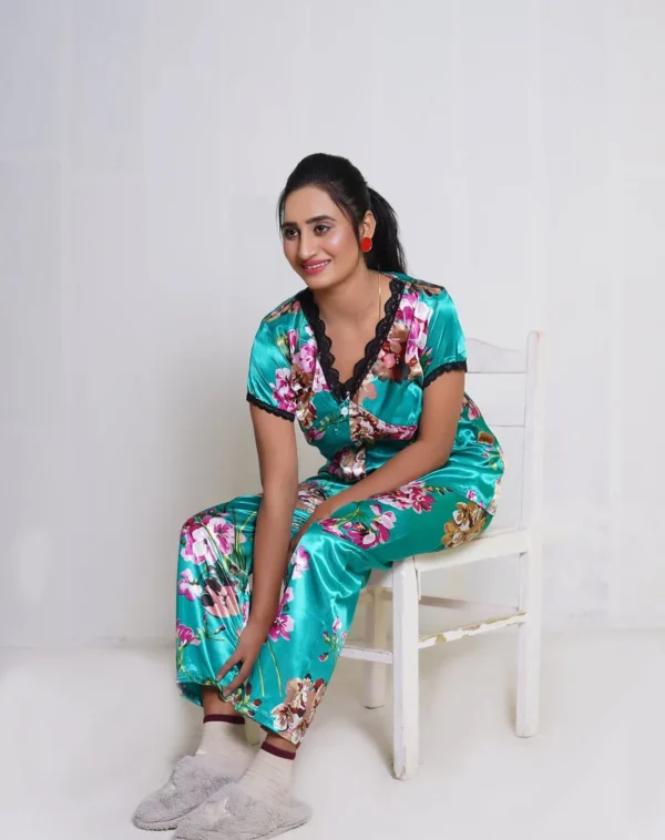 Emerald Floral Satin Pajama Set – Soft & Stylish Nightwear